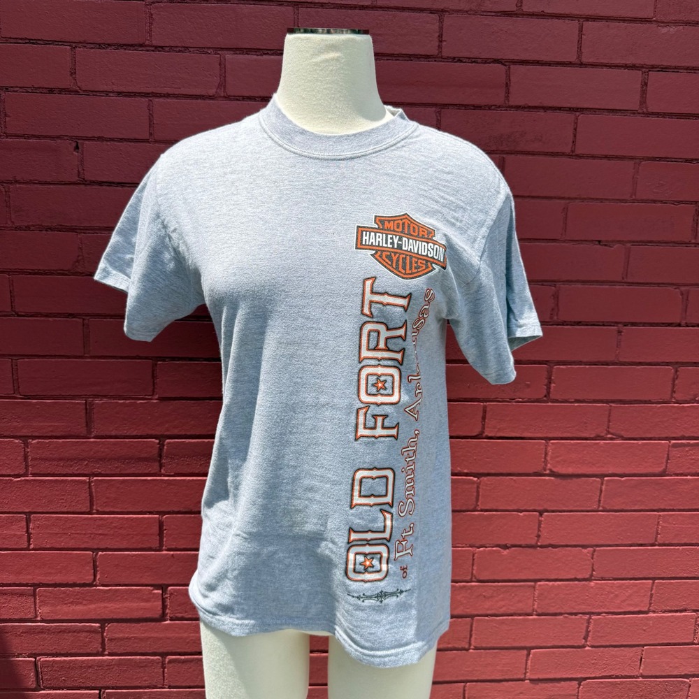 Vintage Harley Davidson Old Fort Arkansas Gray Graphic Shirt Womens Small biker